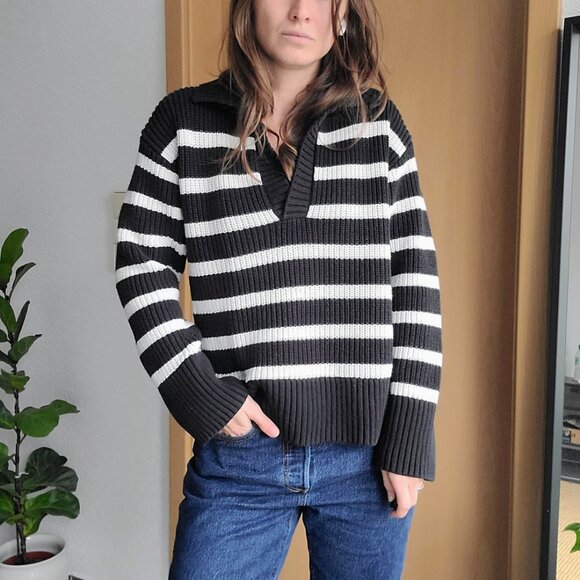 H&M Black/White Striped Chunky Ribbed Knit Polo Sweater Size Small - Picture 3 of 10